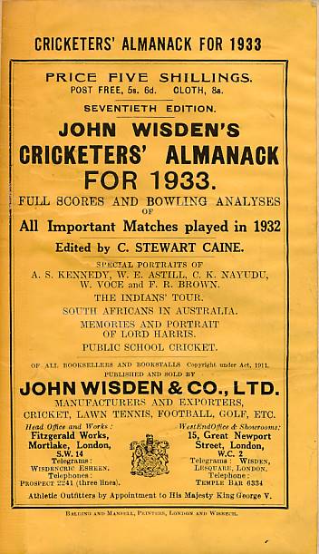 Wisden Cricketers' Almanack 1933. 70th edition.
