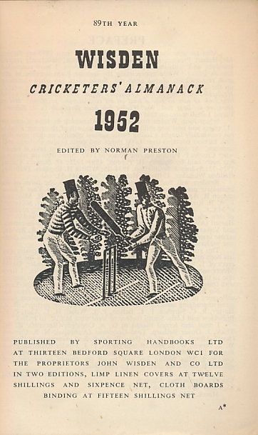 Wisden Cricketers' Almanack 1952. 89th edition.