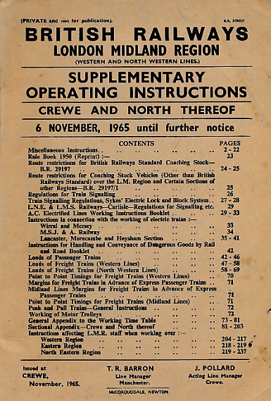 British Railways London Midland Region: Supplementary Operating Instructions. Crewe and North Therof. November 1965.