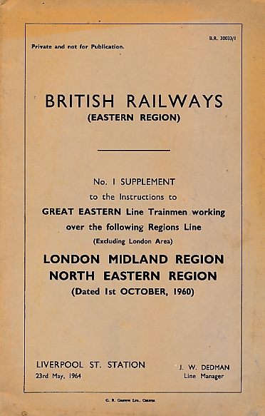 British Railways Eastern Region: No 1 Supplement (Great Eastern Line). 1964.