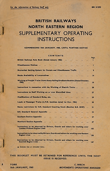 British Railways North Eastern Region: Supplementary Operating Instructions. January 1965.