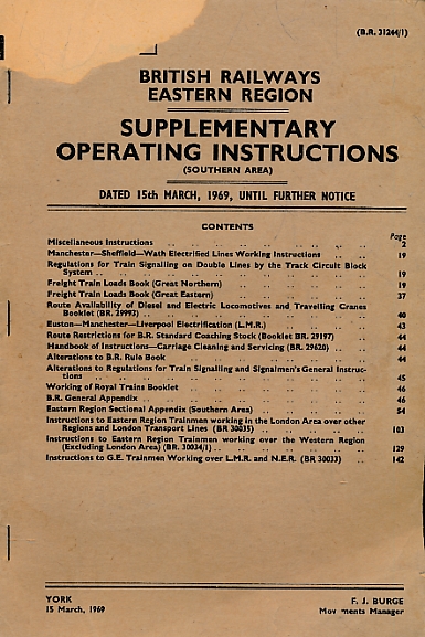 British Railways Eastern Region: Supplementary Operating Instructions. March 1969.