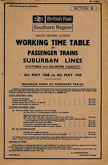 British Railways Southern Region: Working Timetable of Passenger Trains Suburban Lines. 1968-9.